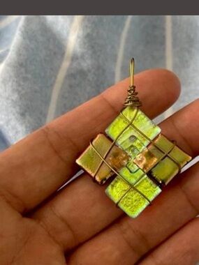 Iridescent Yellow-Green Dichroic Glass Wire-Wrapped Pendant Necklace